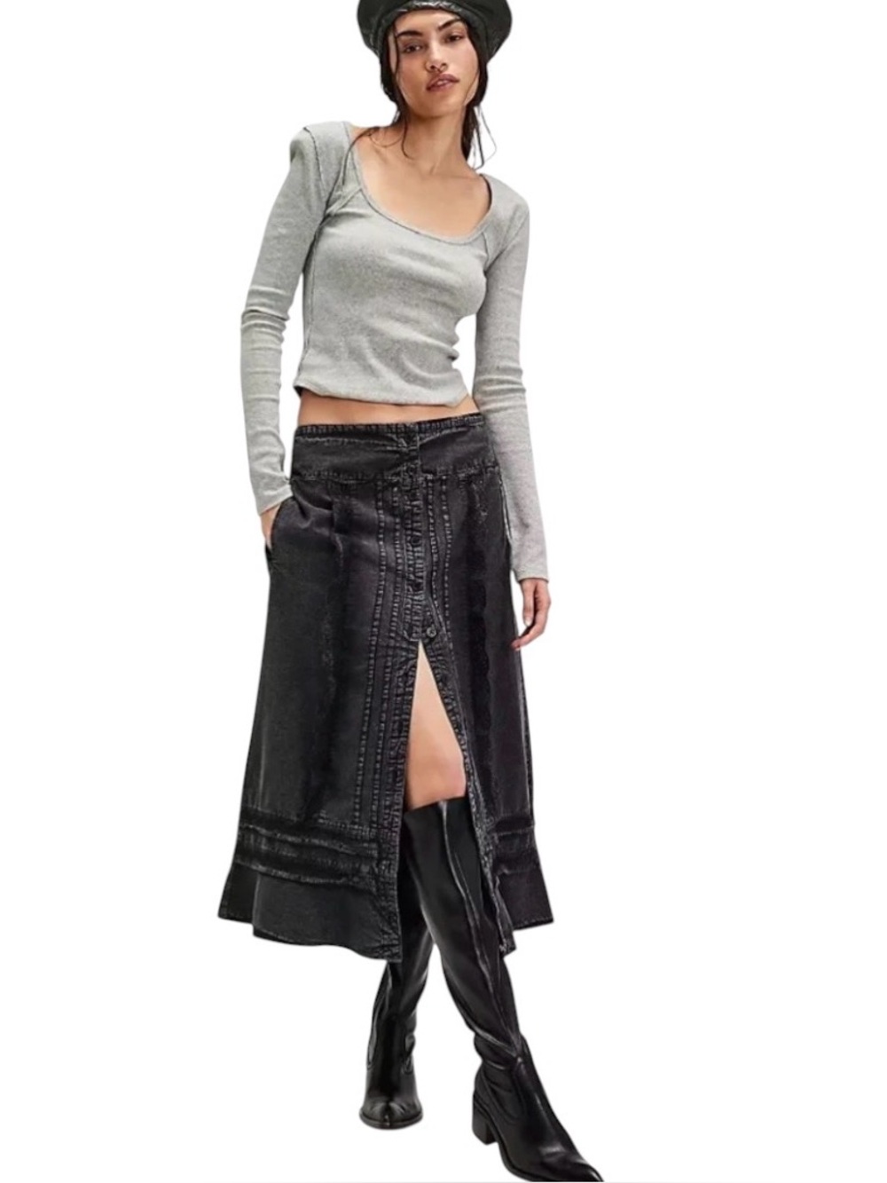 Free People Washed Black Whitney Lace Trim Prairie Midi Skirt Sz XL